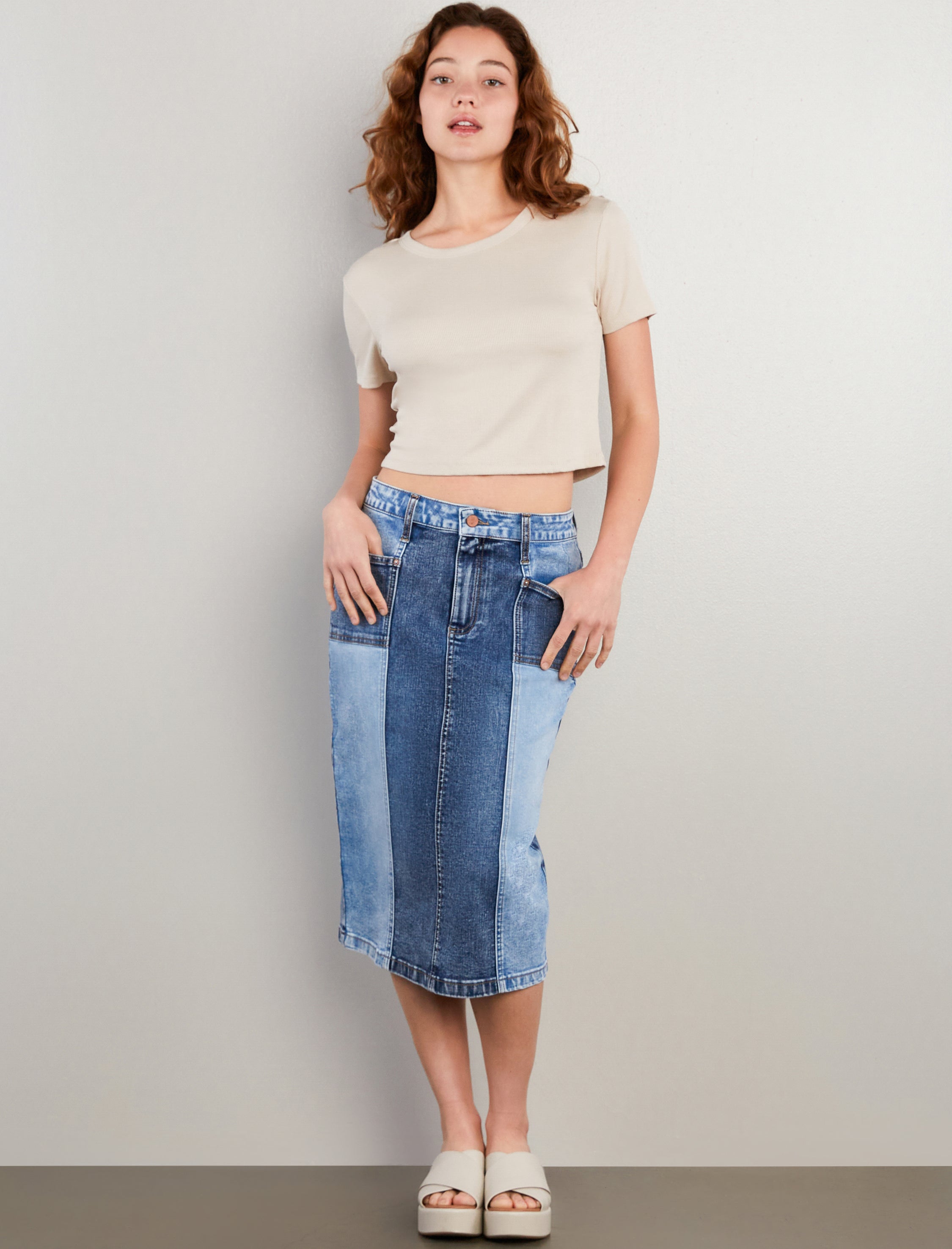 Women's Pieced Midi Pencil Denim Skirt - Hint of Blu