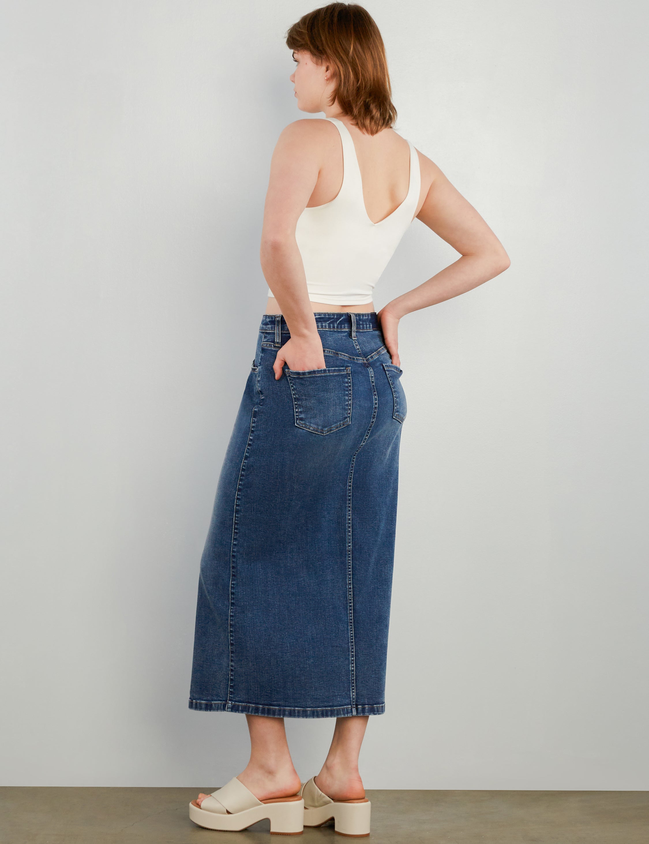 Split Denim Midi Skirt
