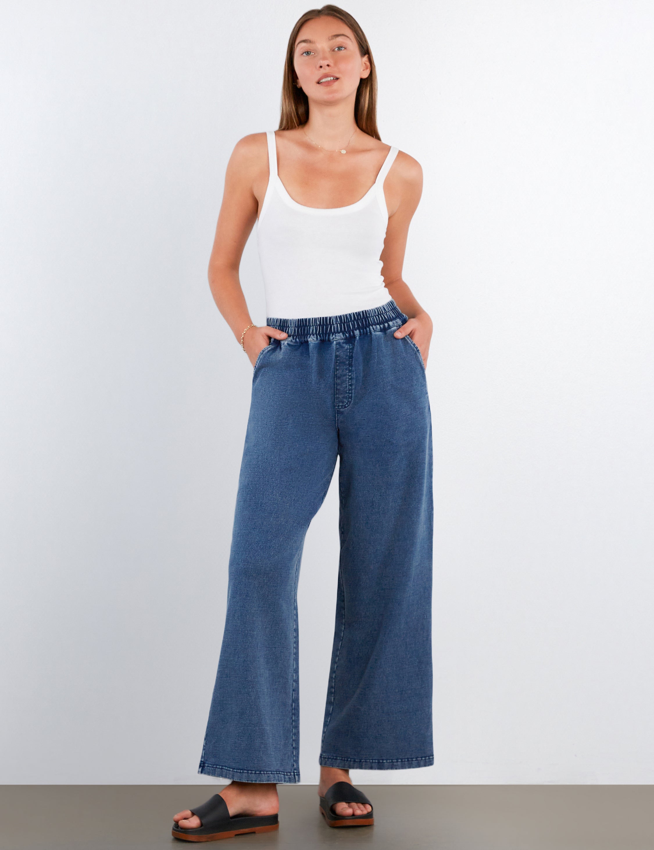 Women's Button Free Knit Denim Striped Jeans - Hint of Blu