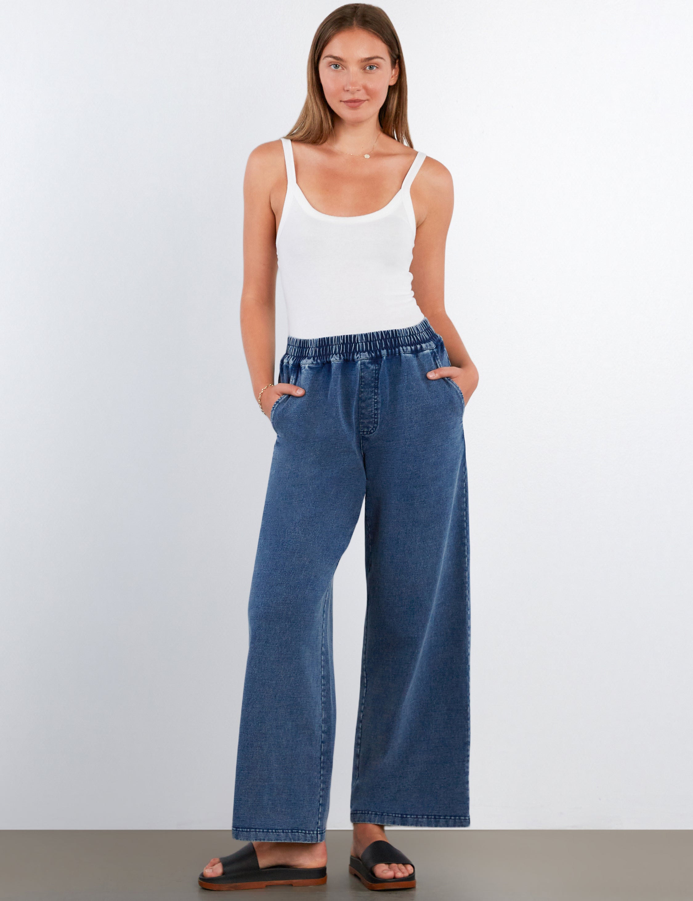 Women's Button Free Knit Denim Striped Jeans - Hint of Blu