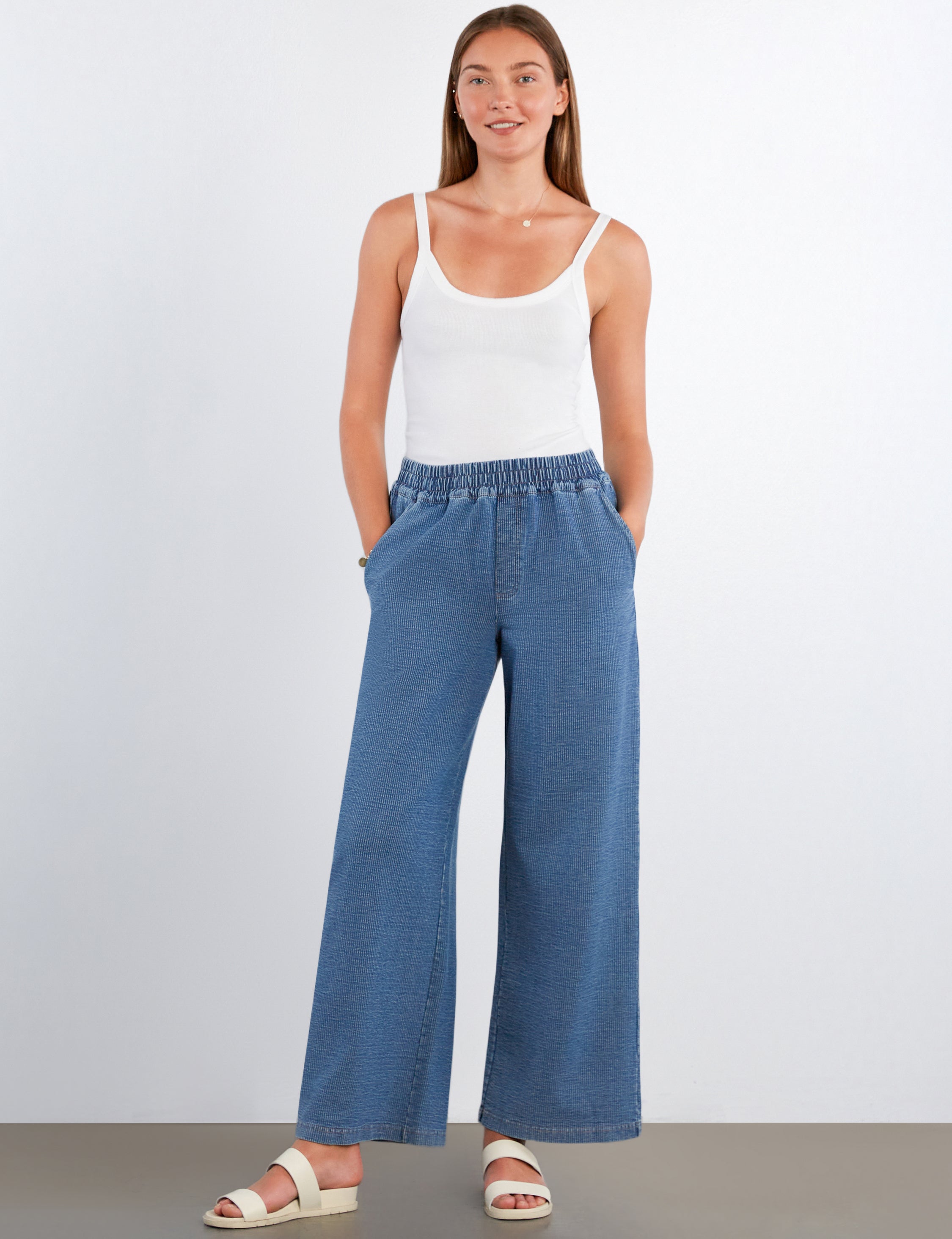 Women's Button Free Knit Denim Striped Jeans - Hint of Blu