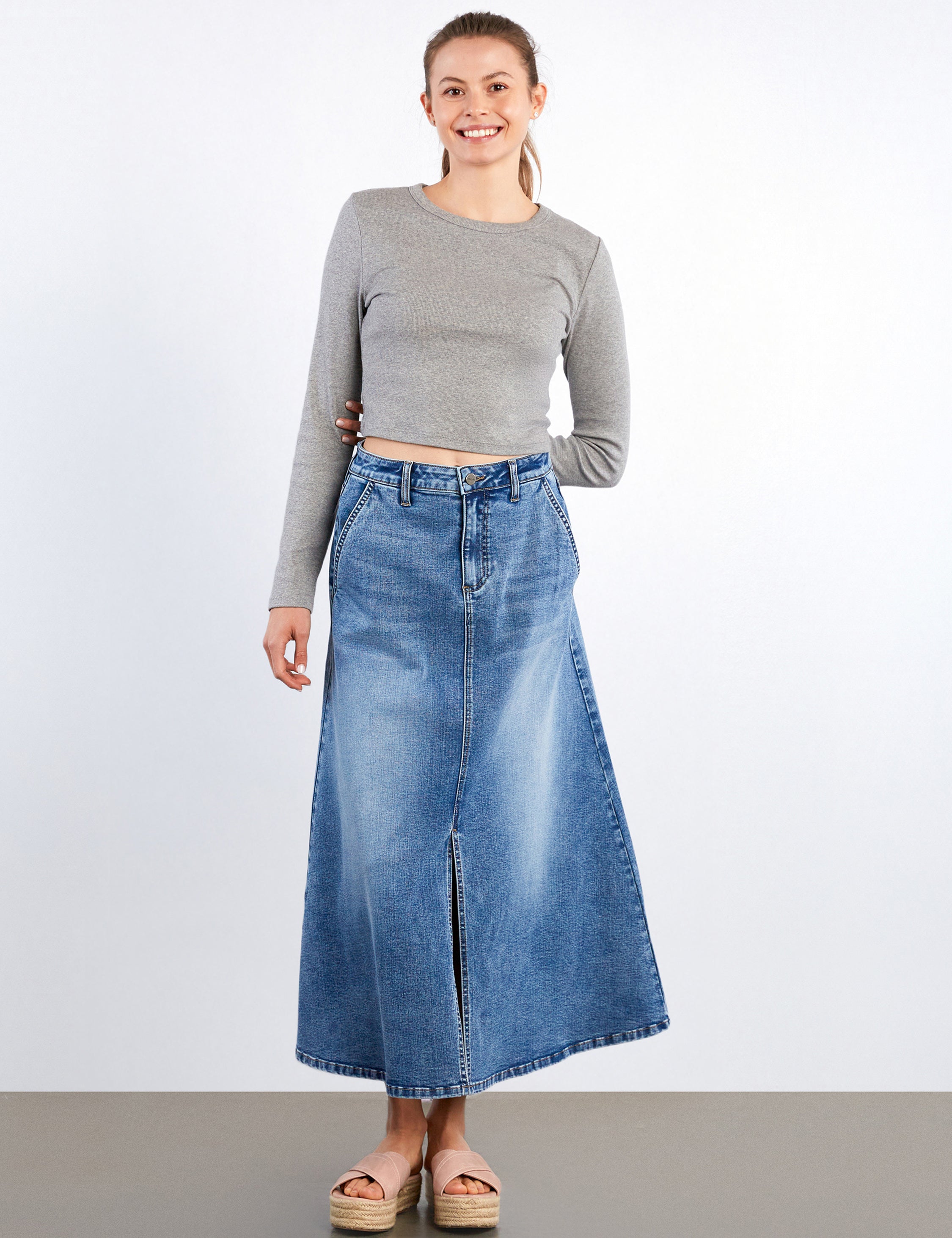 Women's Urban Denim Midi Skirt - Hint of Blu