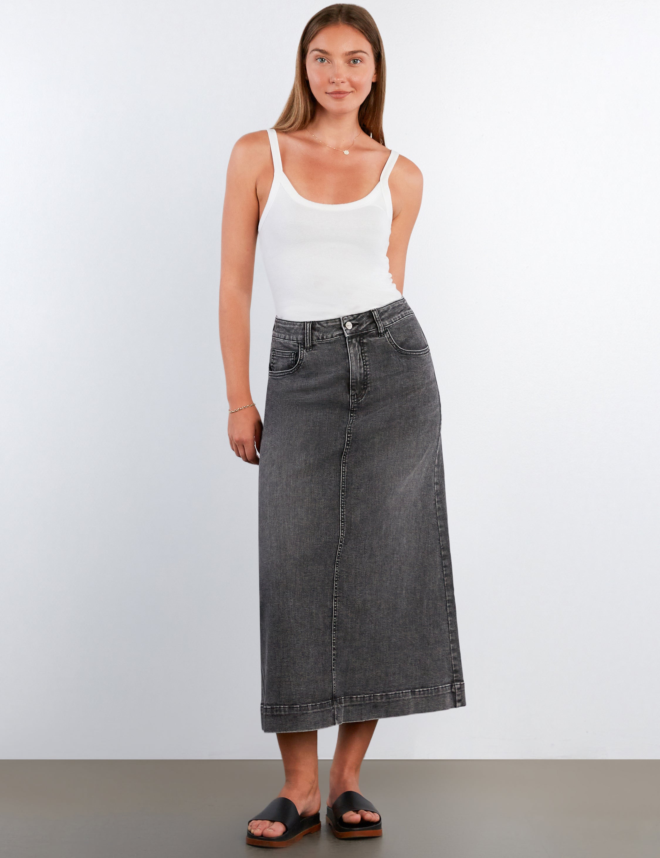 Women's Upper Eastside Black Denim Maxi Skirt - Hint of Blu