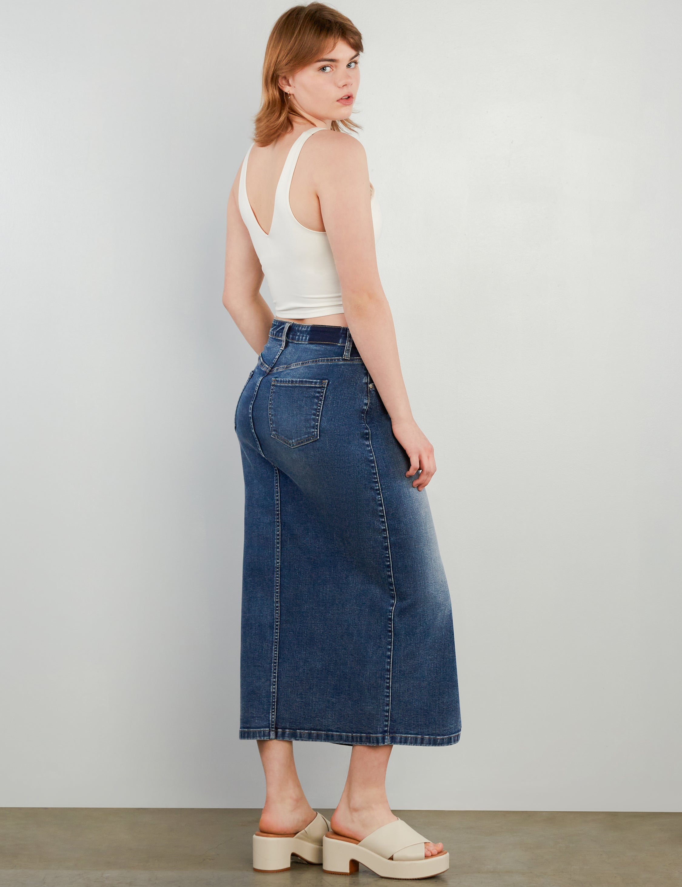 Split Denim Midi Skirt