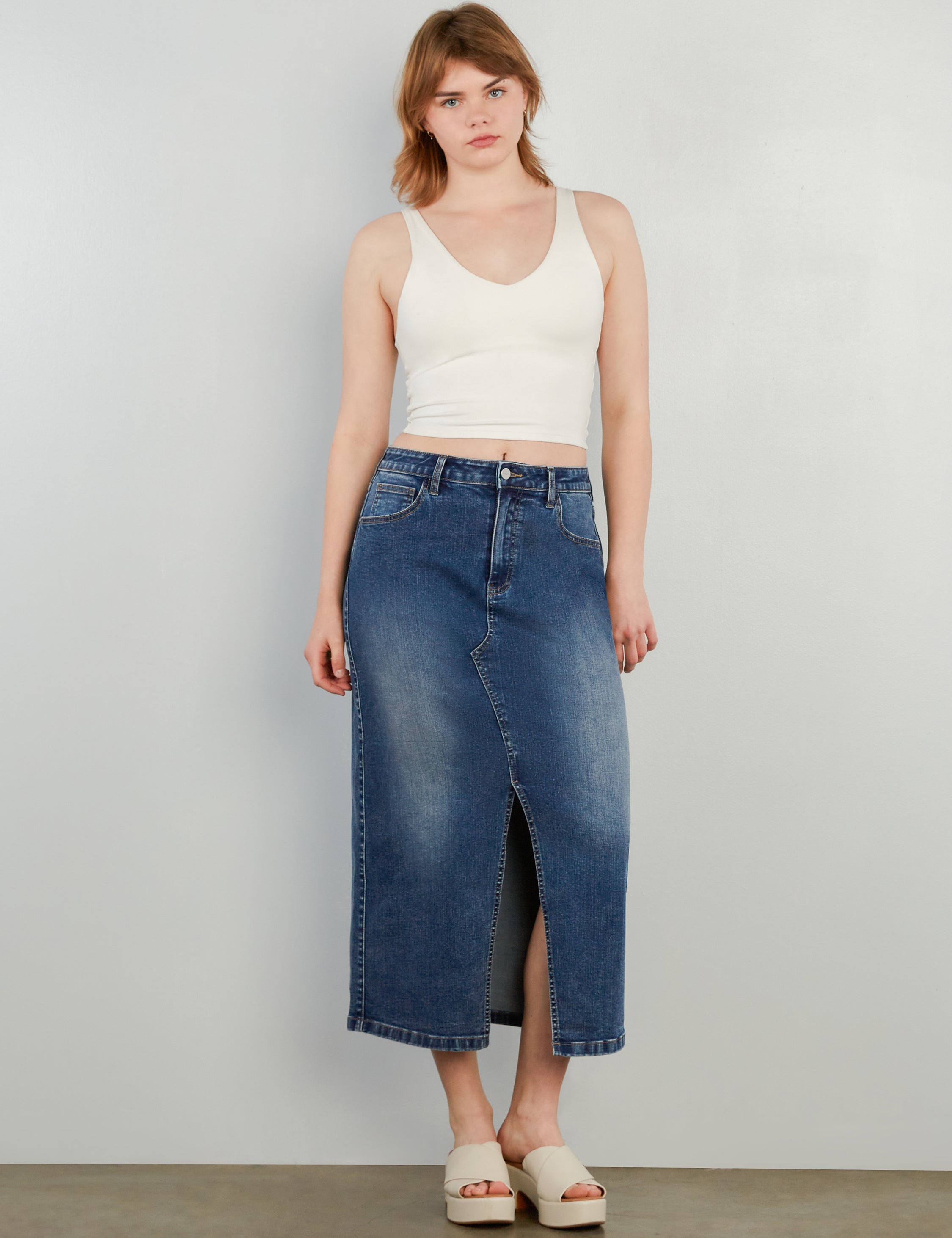 Women's Split Denim Midi Skirt - Hint of Blu