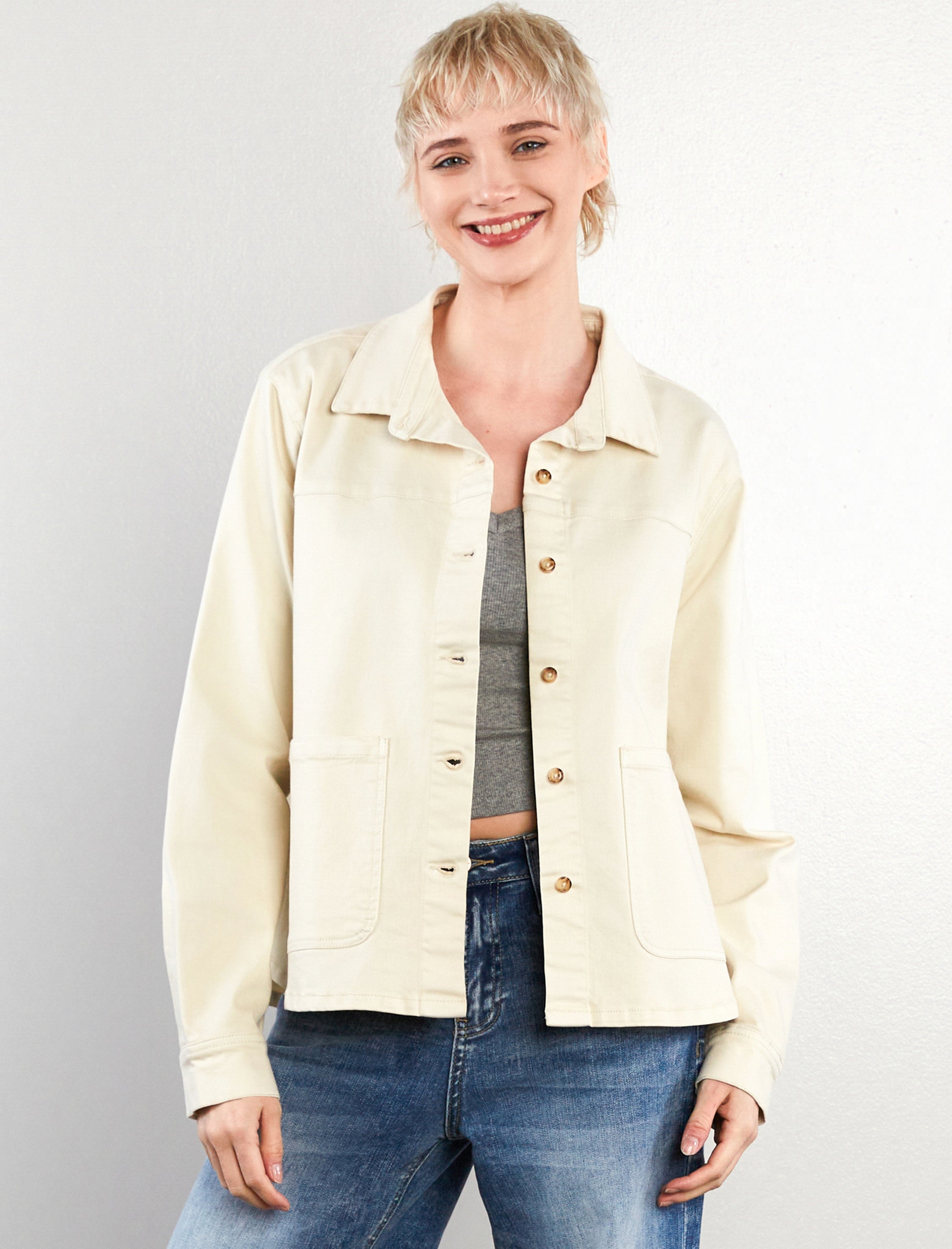 Women's The Latest Scoop Pocket Beige Denim Jacket - Hint of Blu